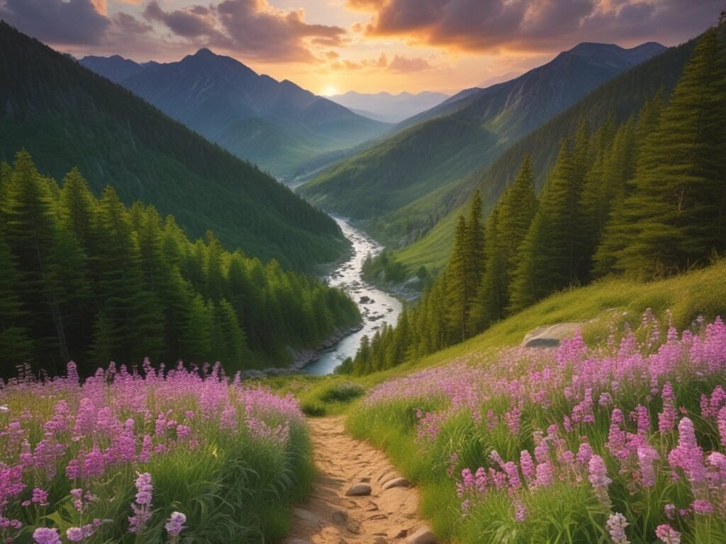 Mountain valley with a winding river and wildflowers, viewed from a quiet trail